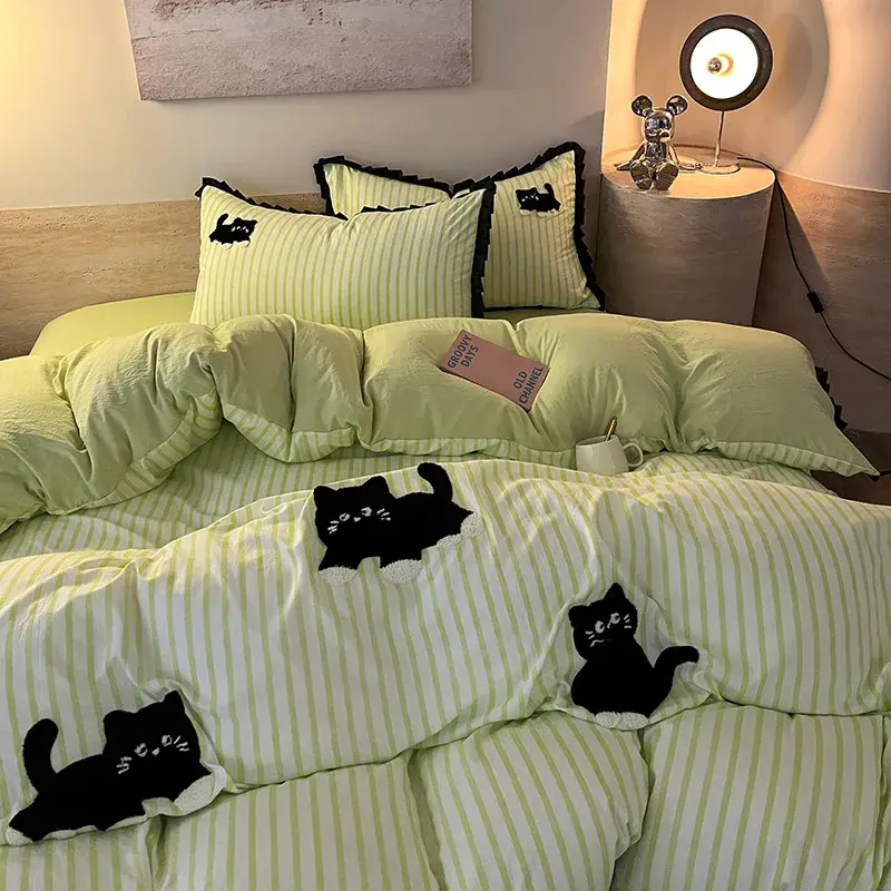 Cat Embroidery Bedding Set, shown in a styled room