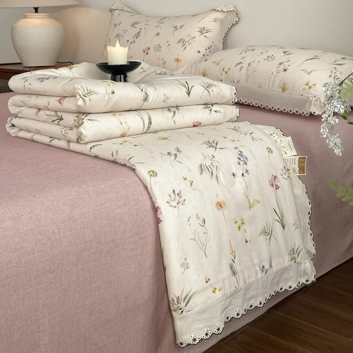 Elegant Floral Summer Quilt, shown in a styled room