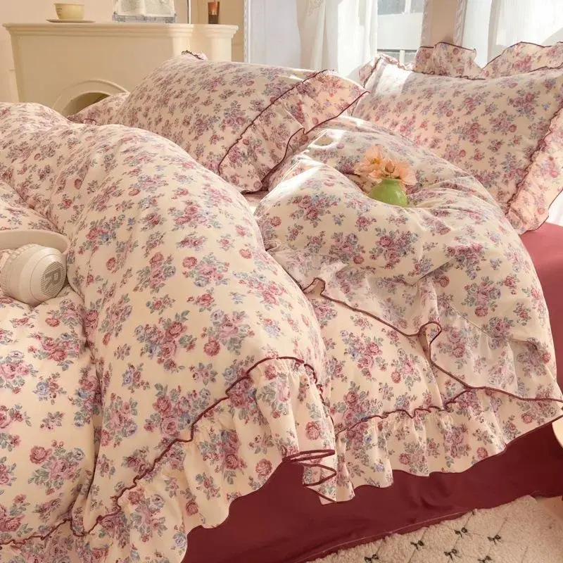 Korean Style Floral Bedding Set, shown in a styled room