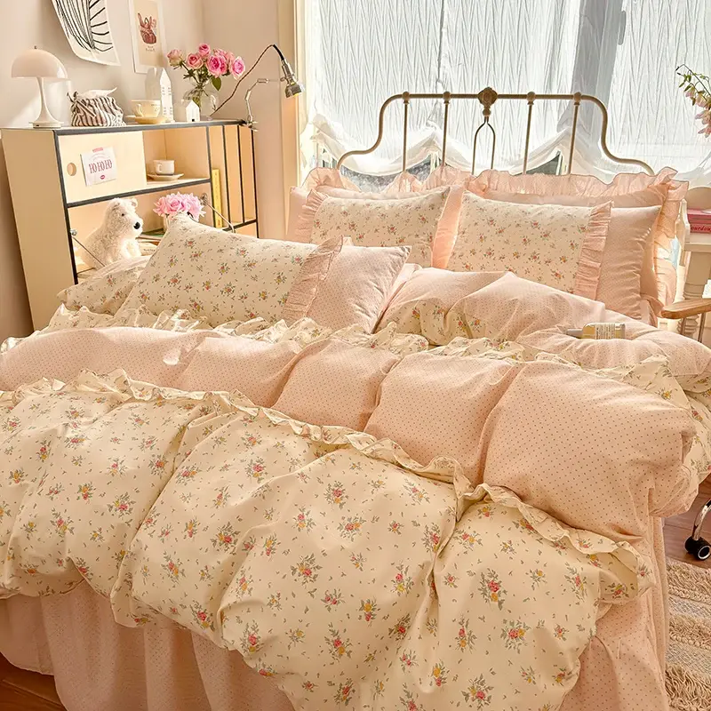 Korean Lace Cotton Bedding Set, shown in a styled room