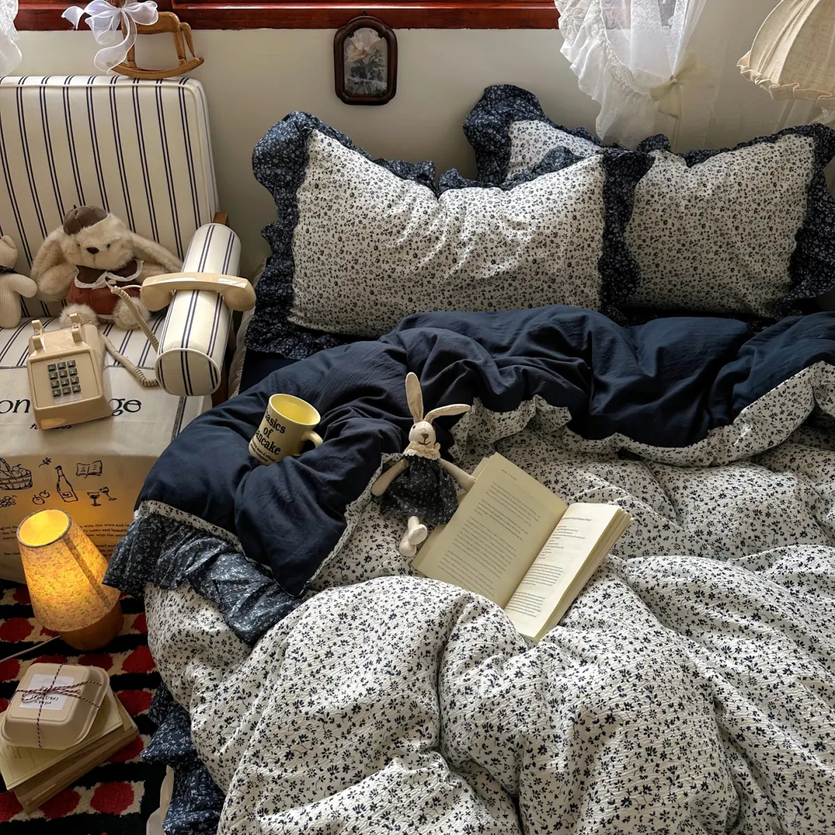 Vintage Pastoral Flowers Bedding Set, shown in a styled room