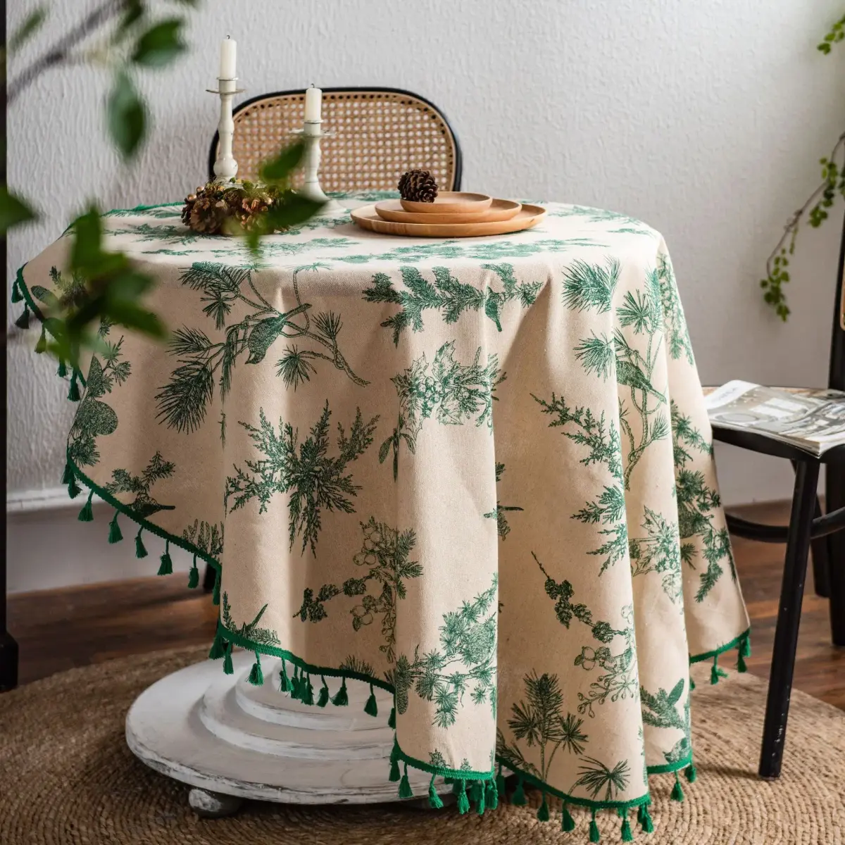 Pine Branch Printed Tablecloth, shown in a styled room