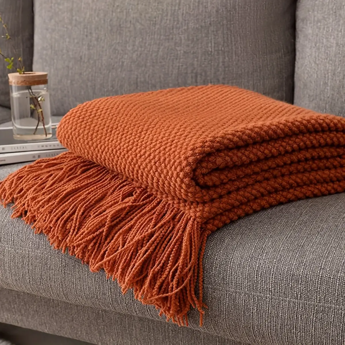 Tassel Knitted Blanket, shown in a styled room