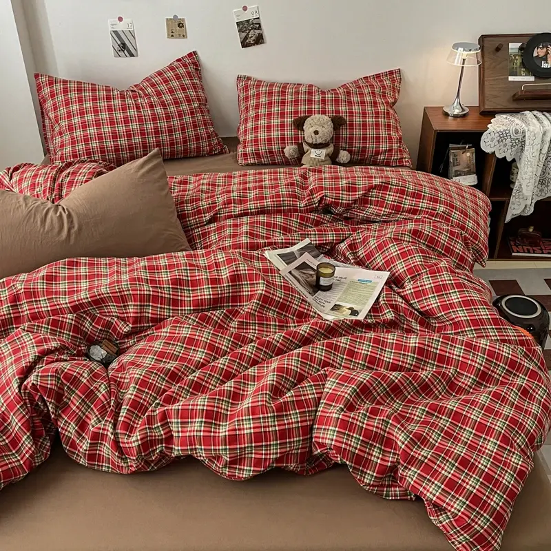 Vintage Double-Sided Plaid Bedding Set, shown in a styled room